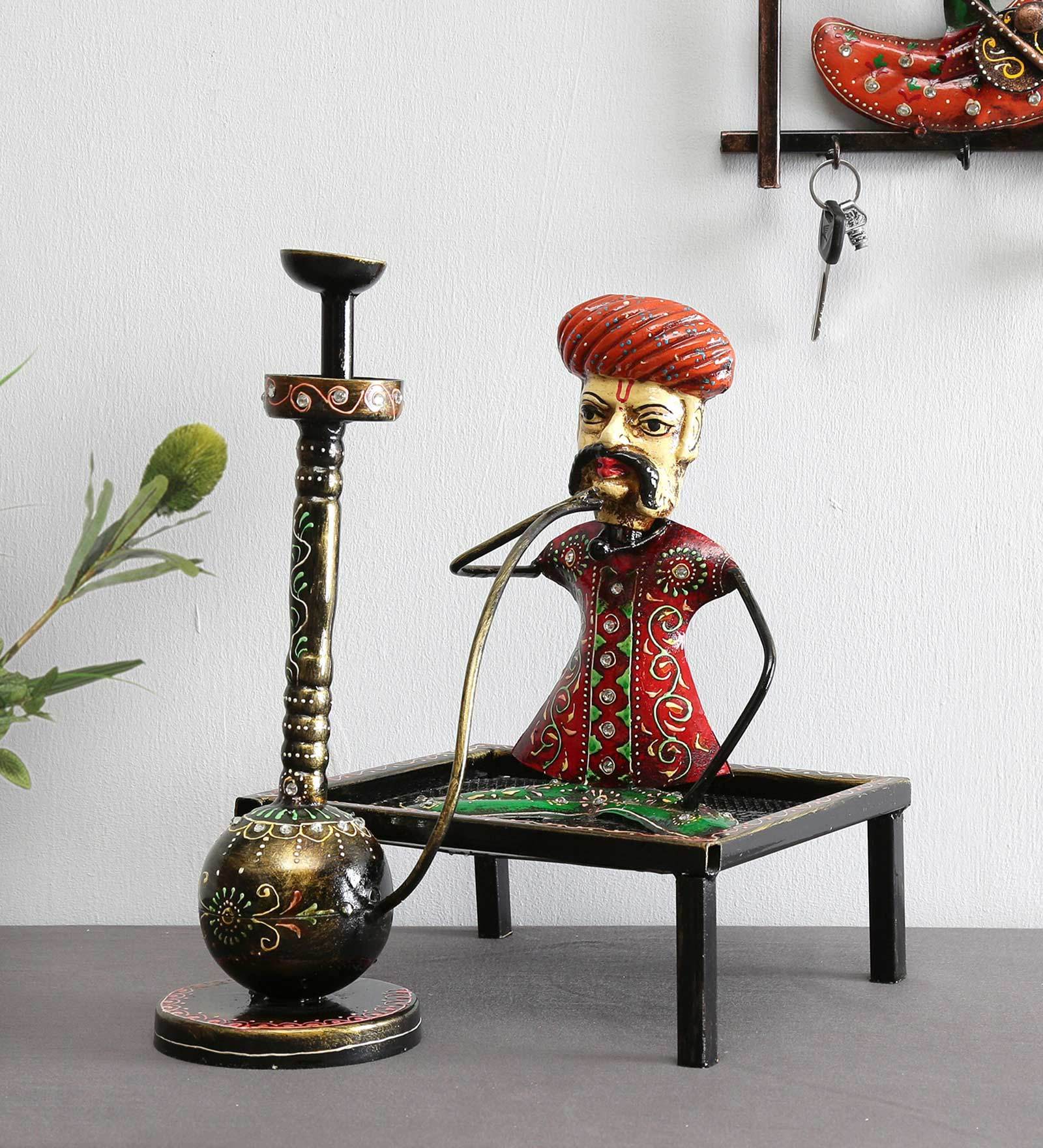 Metal Rural Man With Hukka Figurine
