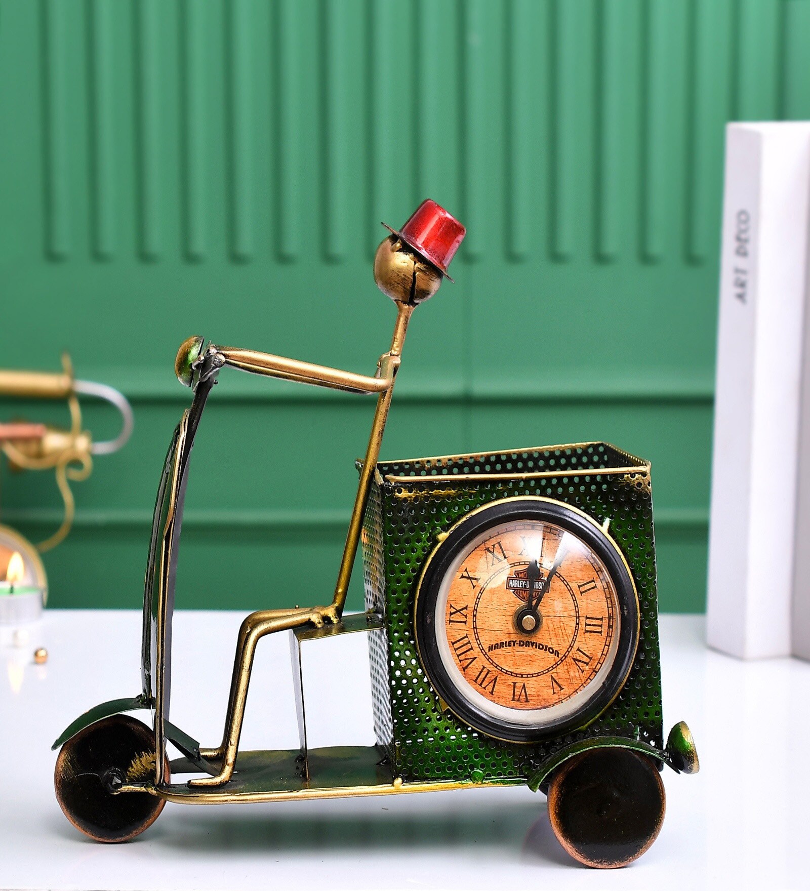 Golden Metal Scooter Inspired Pen Holder With Clock