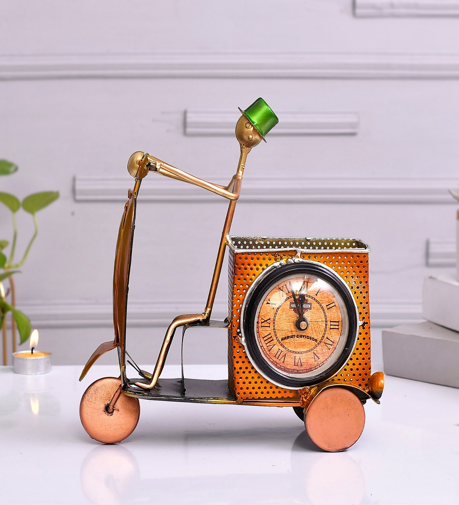 Organge Metal Scooter Inspired Pen Holder With Clock