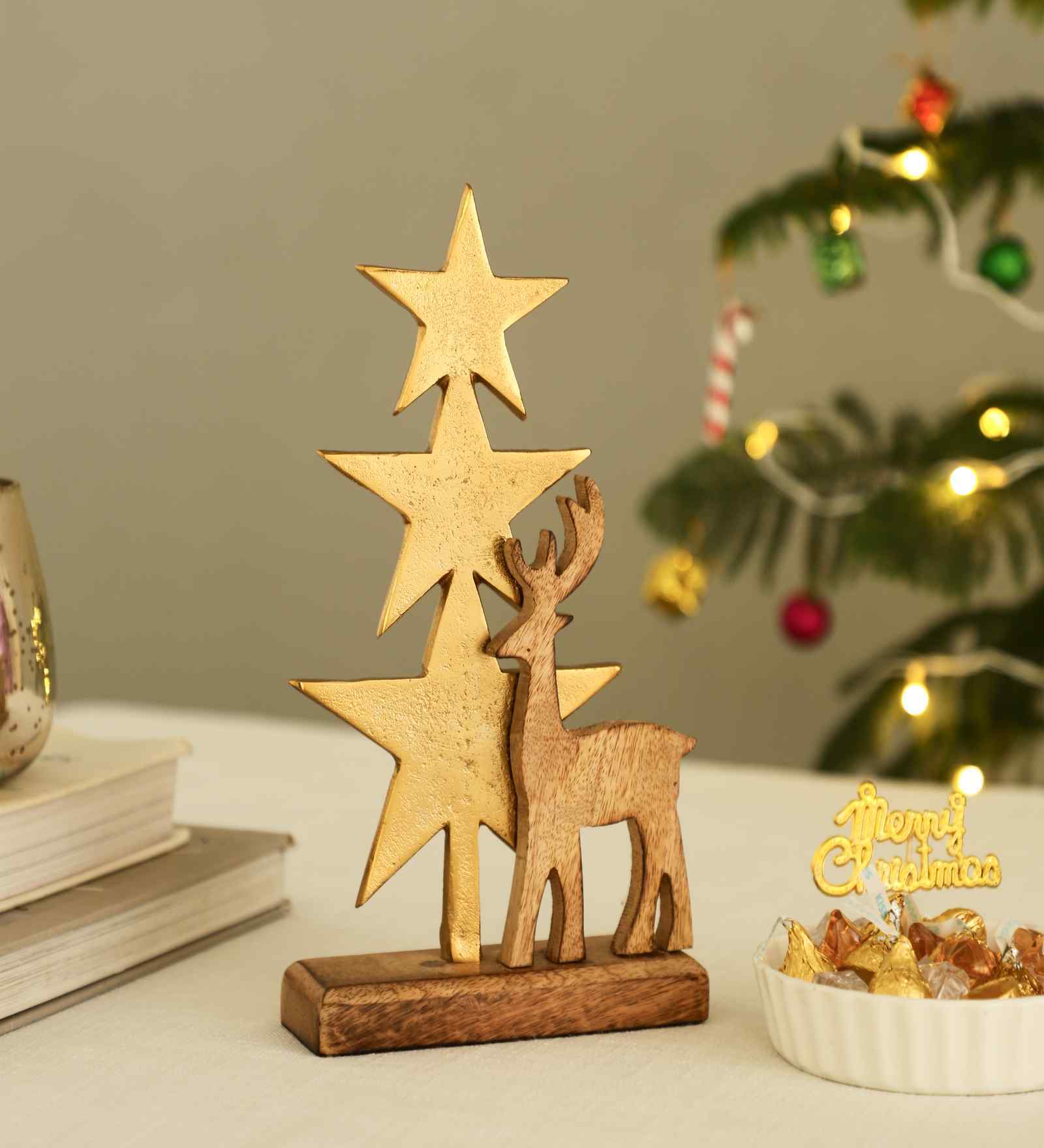 Aluminium Star Christmas Tree With Reindeer And Wooden Base