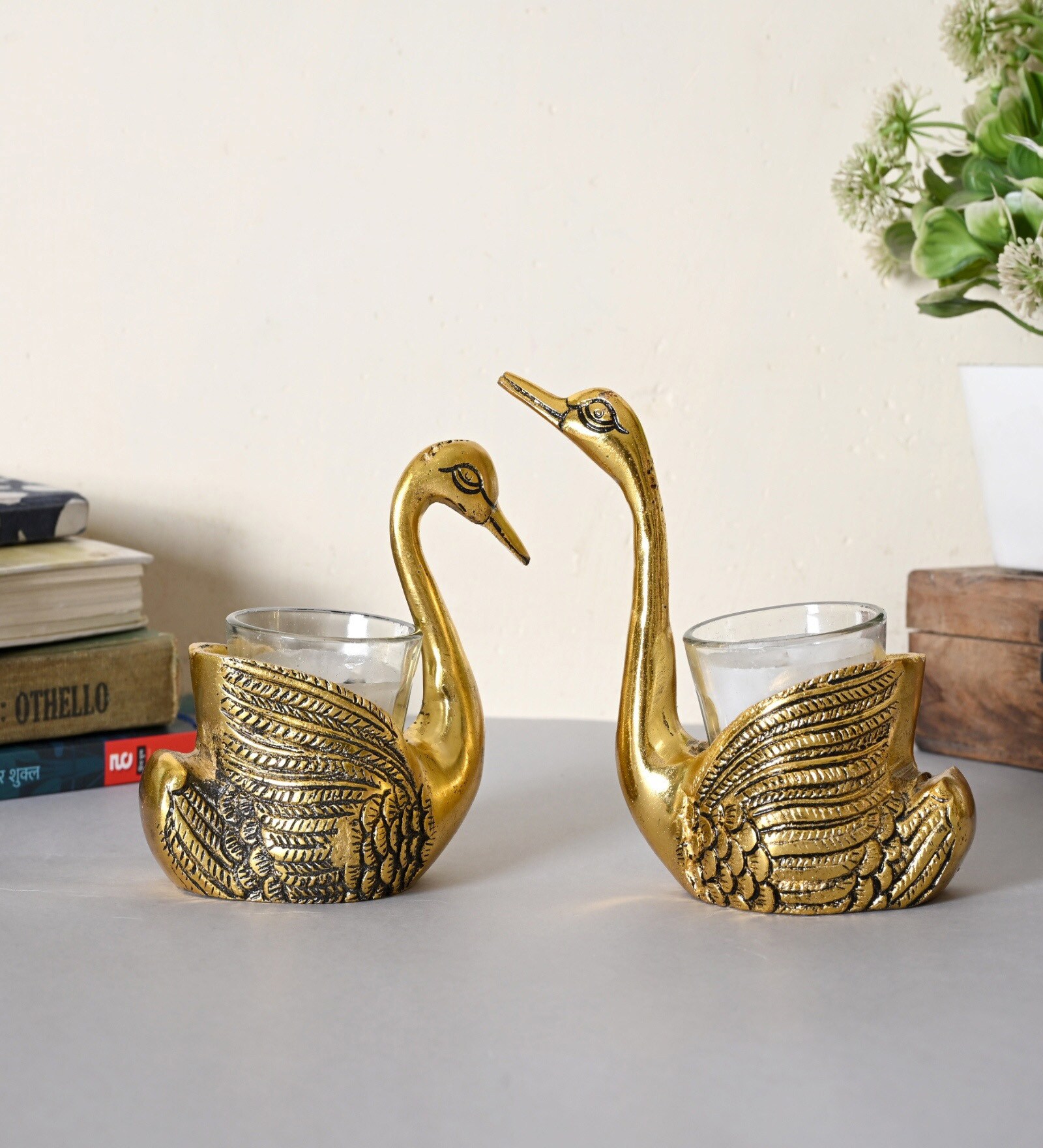 Golden Metal Swan Figurien Candle Holder Set of 2