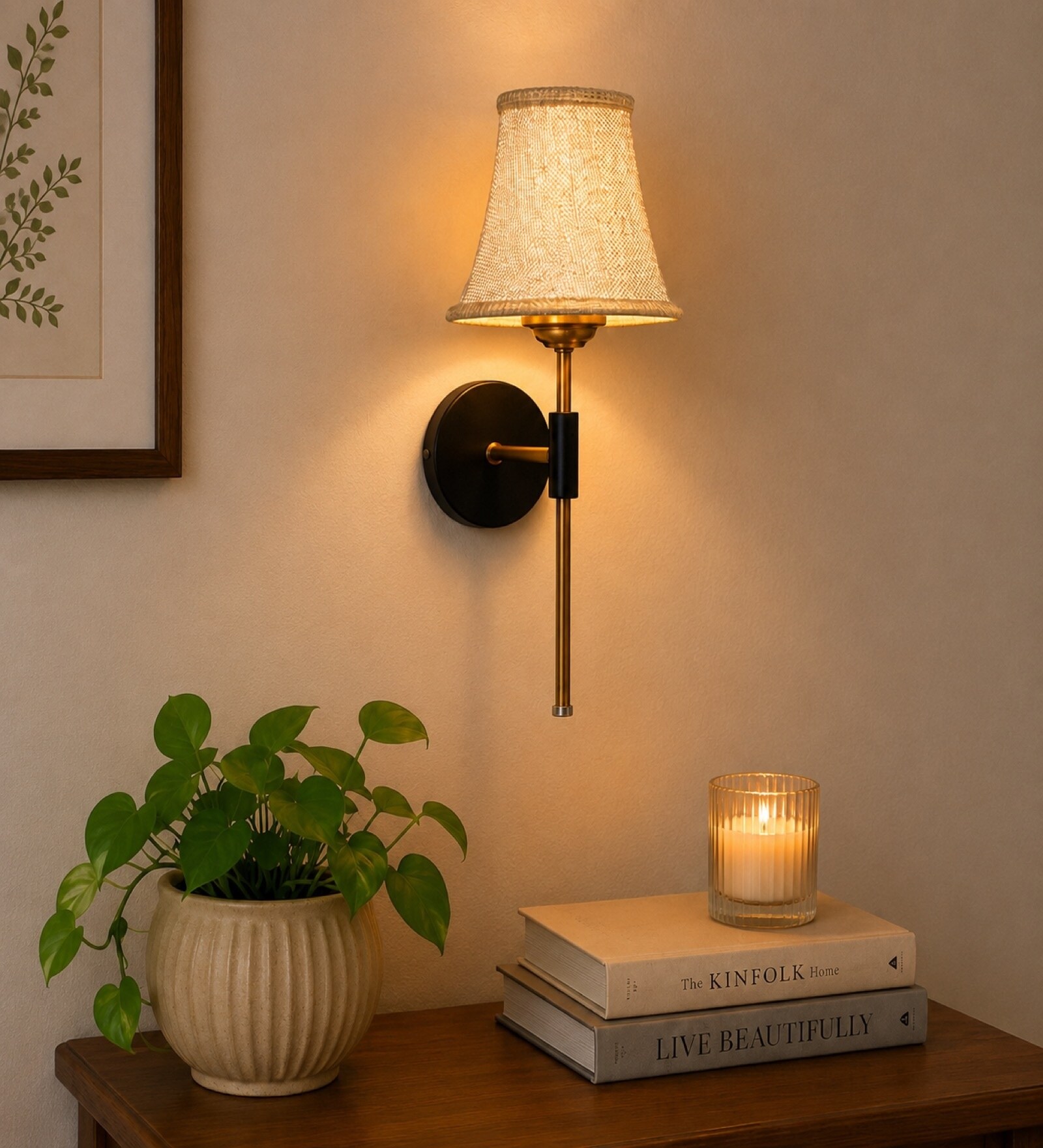 Metal Wall Mounted Lamp with Beige Jute Shade for Hallway & Living Room
