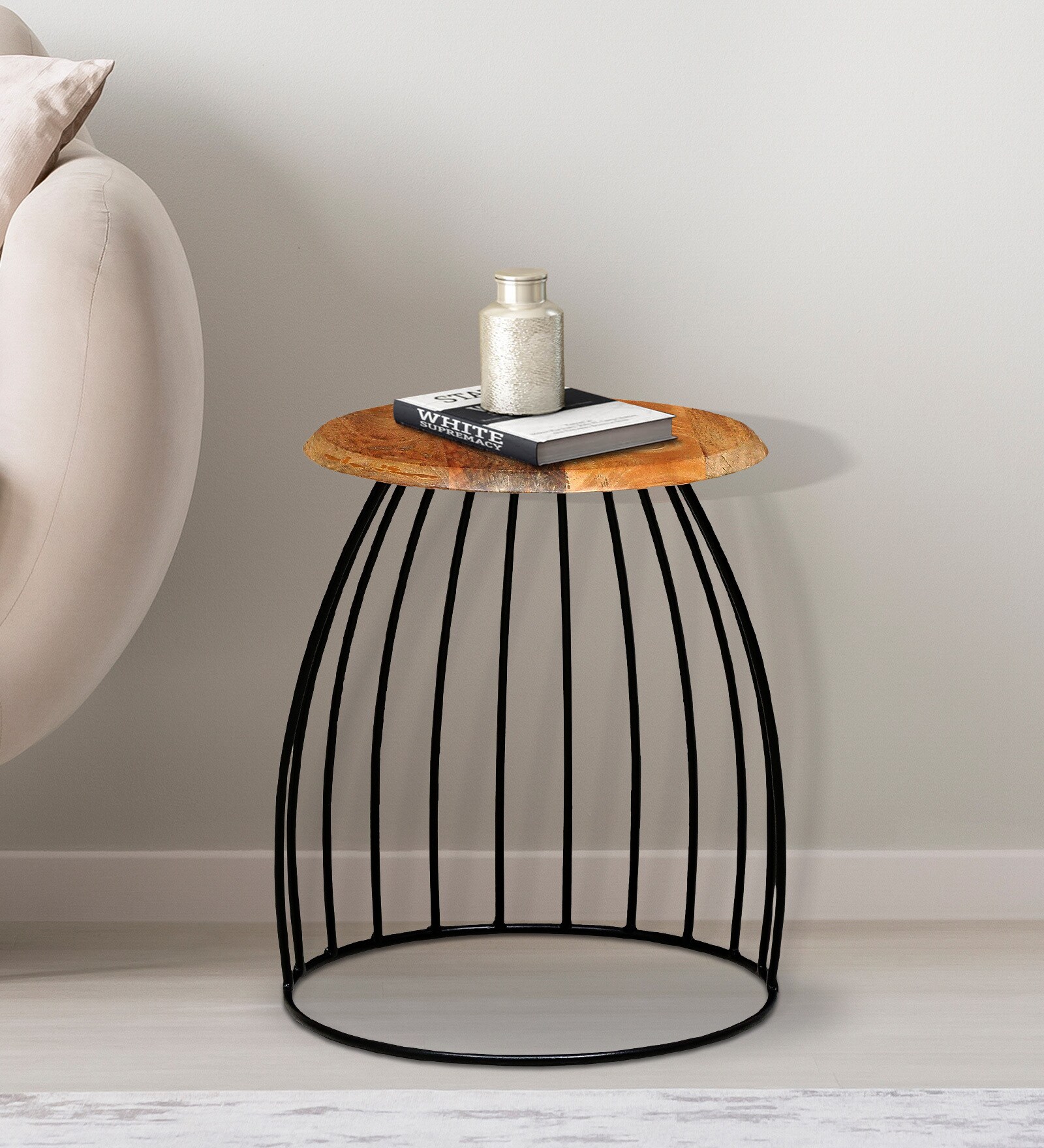 Metalico Round End Table In Natural & Black Colour