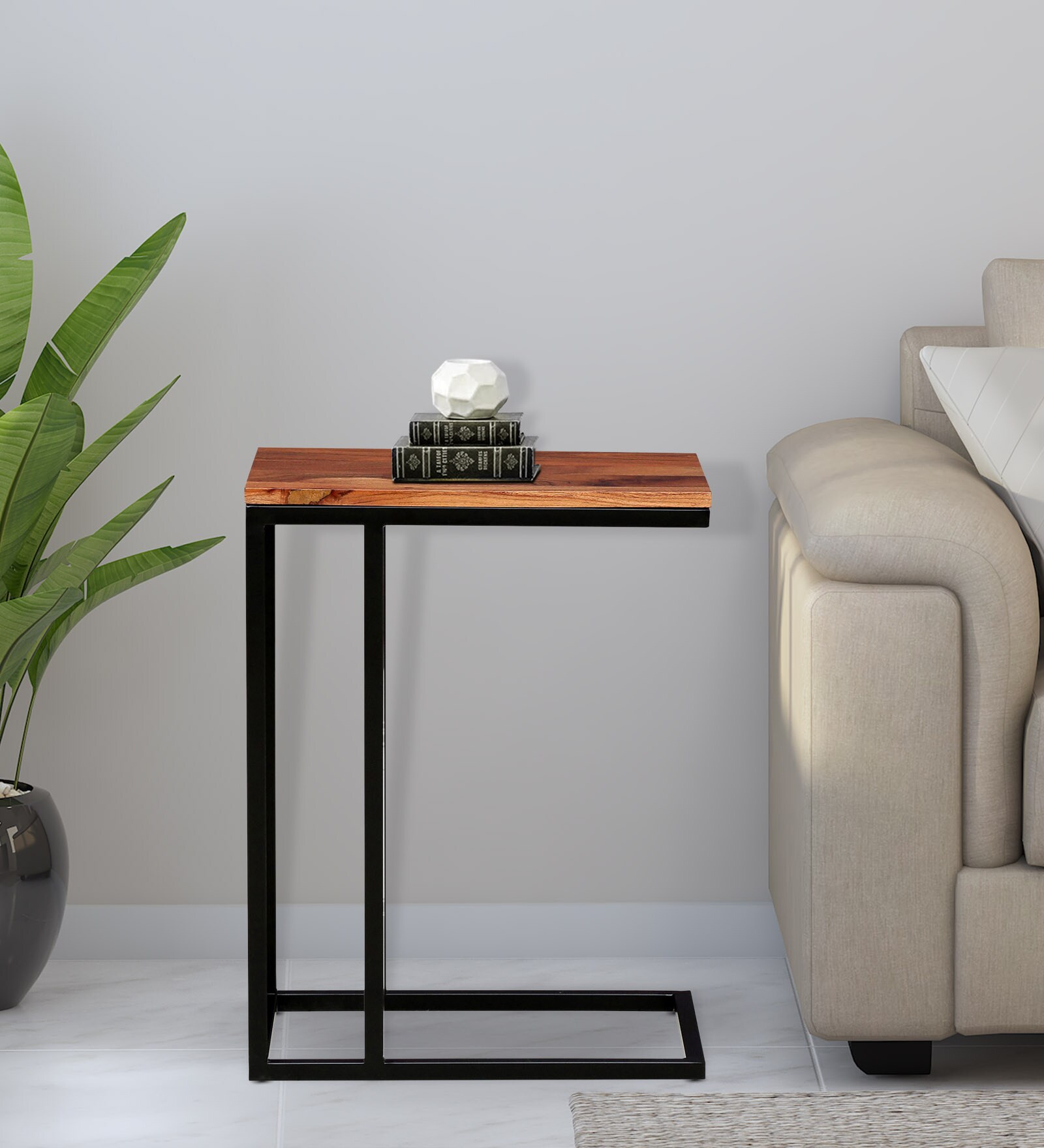 Metalico Solid Wood C Shaped Table In Natural Finish