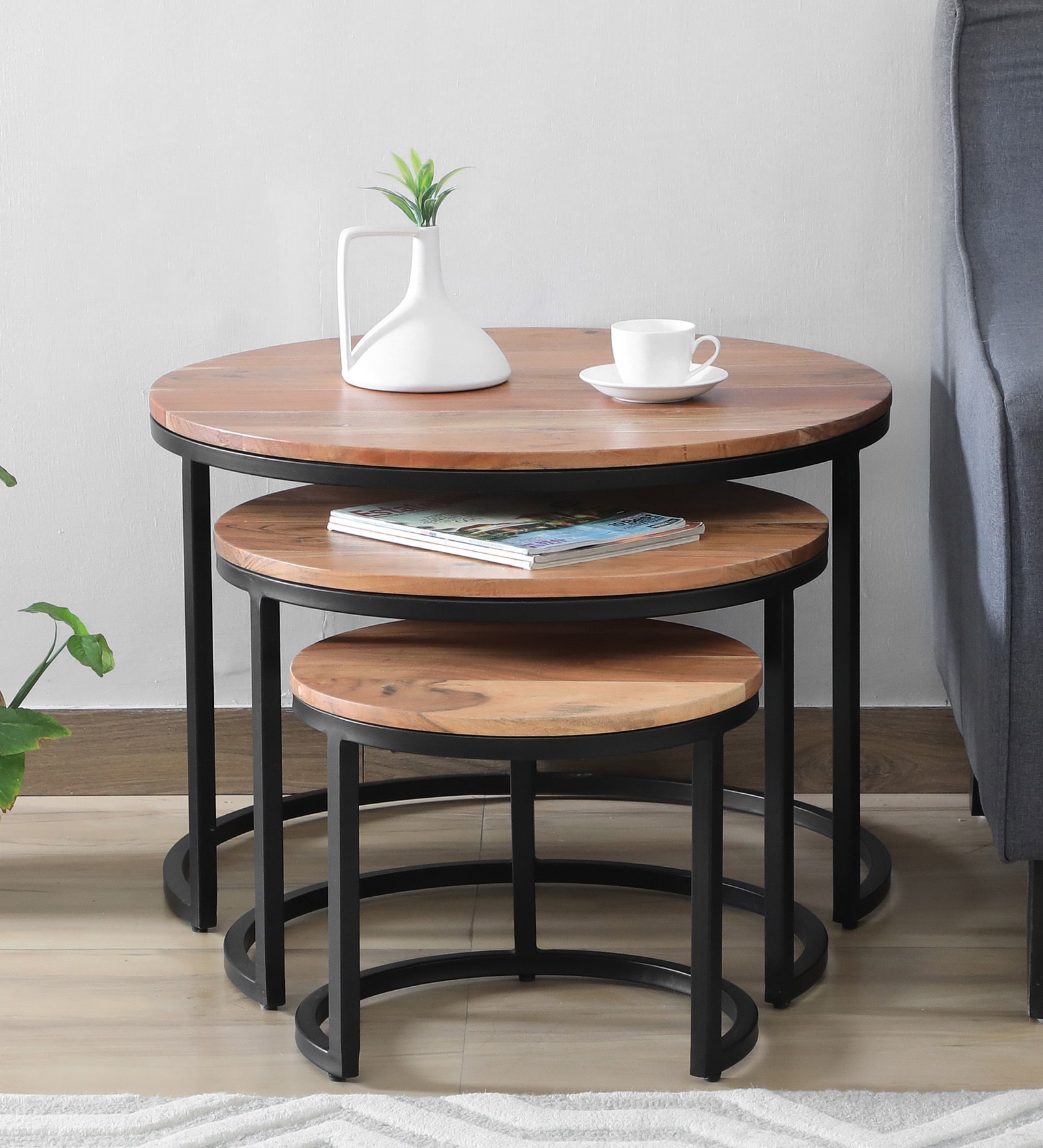 Metalico Solid Wood Nest Of Tables In Natural Finish (Set of 3)