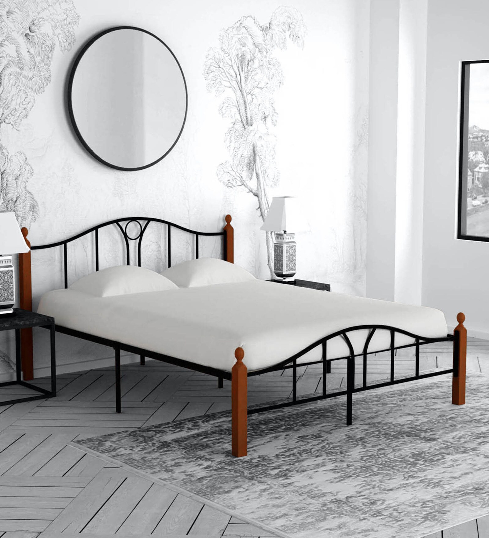Buy Metallika Metal Queen Size Bed in Black & Brown Colour at 2 OFF by