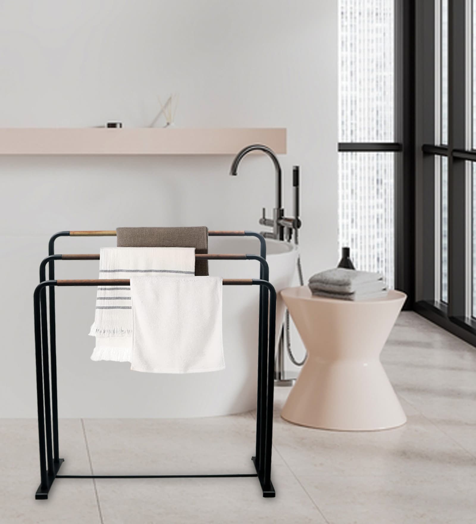 Metalsmith Space Saving Freestanding Towel Stand Floor Standing Towel Stand Gold Towel Holder
