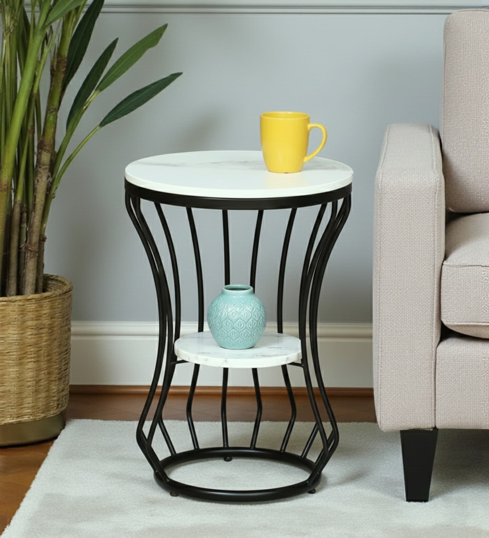 Mette White Porcelain Top End Table With Black Finish