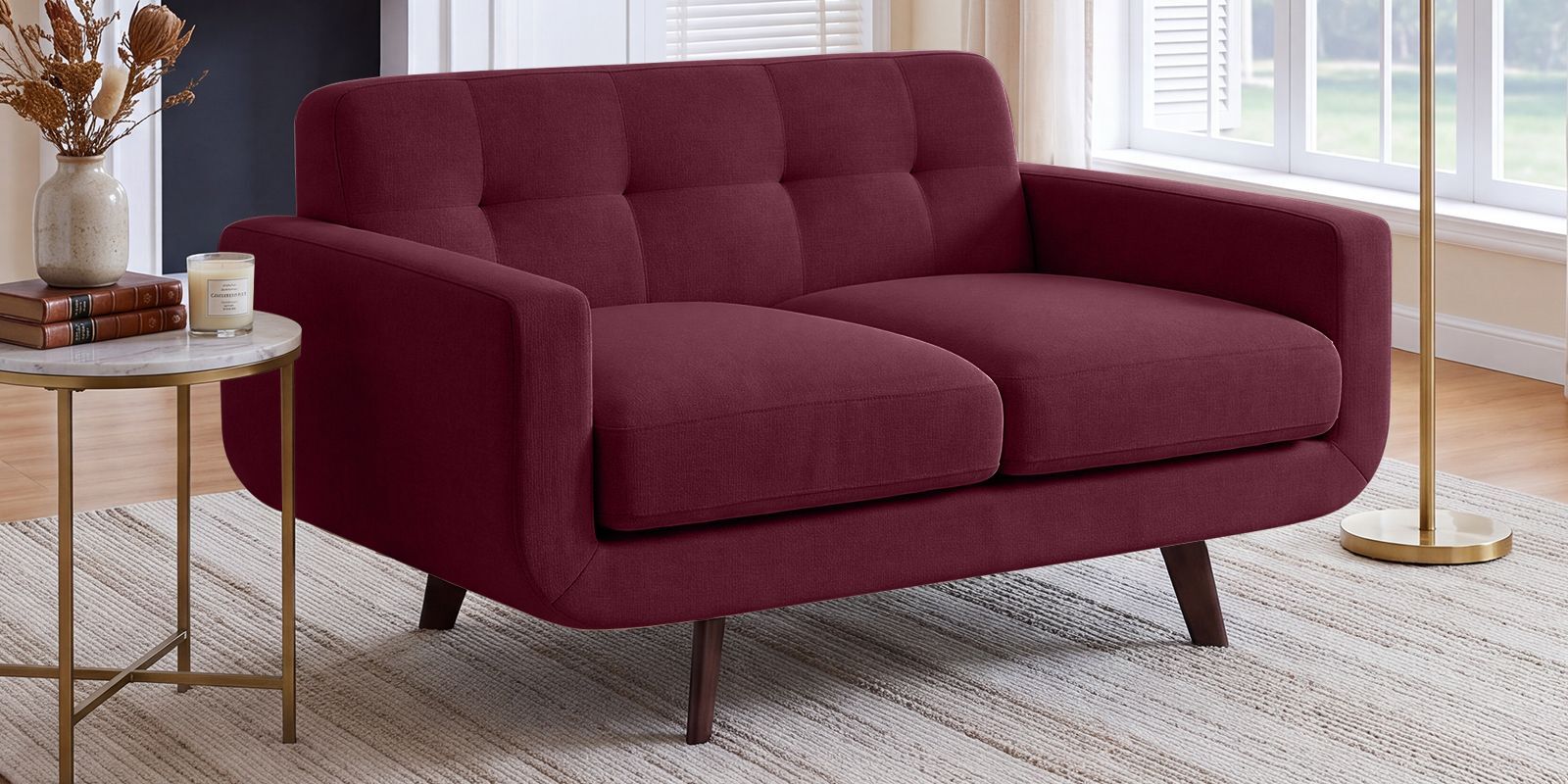 Mersela Velvet Fabric 2 Seater Sofa In Maroon Colour