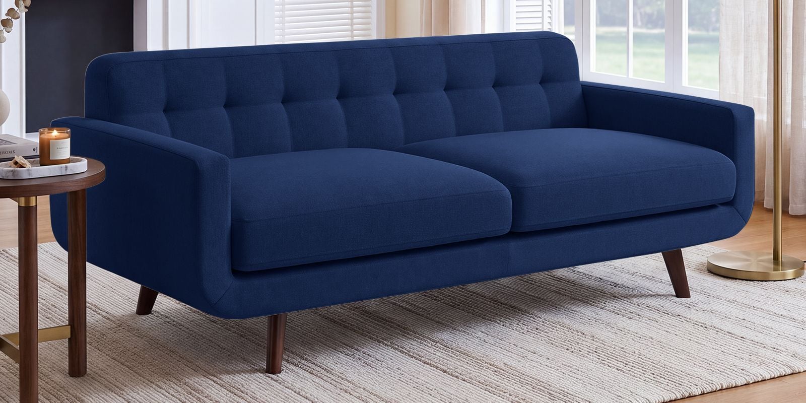 Mersela Velvet Fabric 3 Seater Sofa In Blue Colour
