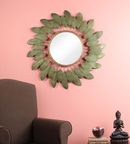 Buy Metal Round Wall Mirror In Gold Colour By Living Ideas Online Round Mirrors Wall Accents Home Decor Pepperfry Product