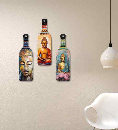 Meditating Gautam Buddha Wooden Wall Hanging (Set of 3)