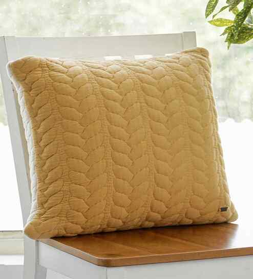 Medium Beige Melange & Natural 100% Combed Cotton Leaf 18X18 Inches Knitted Cushion Cover With Filler