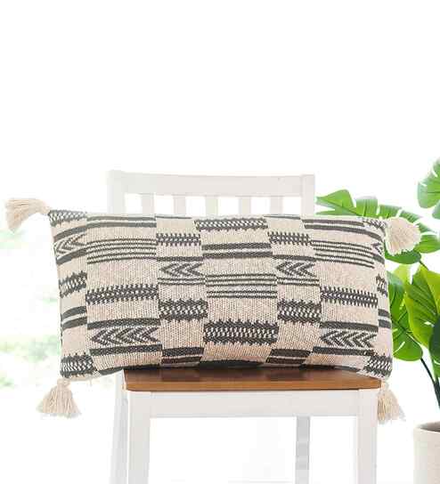 Medium Grey & Natural 100% Cotton Tribal 16X24 Inches Knitted Cushion Cover