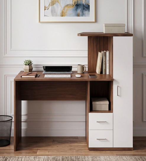 Meg Study Hutch Desk in Planked Walnut and White Finish