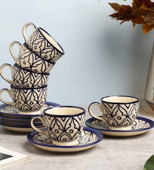 Mehraab Blue Off-white Hand-made Ceramic Cup Saucers (Set of 6)