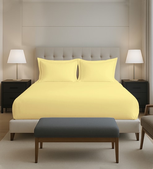 Mellow Yellow Solid 400 TC Cotton King Sized Fitted sheet with 2 Pillow Covers