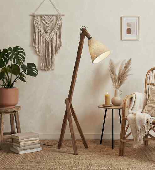 Melman Wooden Floor Lamp with Jute Shade & Brown Base