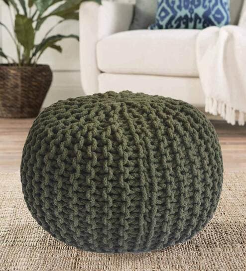 Melton Knitted Pouffe in Dark Green Colour