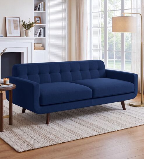 Mersela Velvet Fabric 3 Seater Sofa In Blue Colour