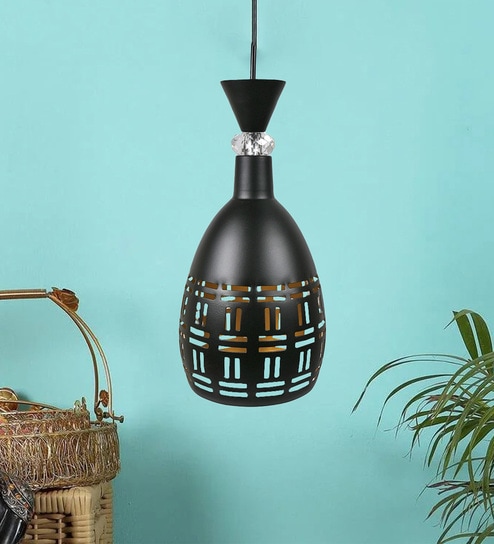 Metal Black Pendant Light Decorative Cutout Design with Crystal Accent Hanging Lamp