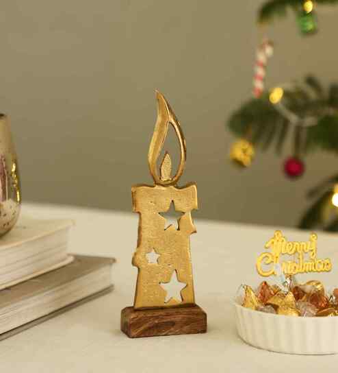 Aluminium Candle Showpiece With Wooden Base