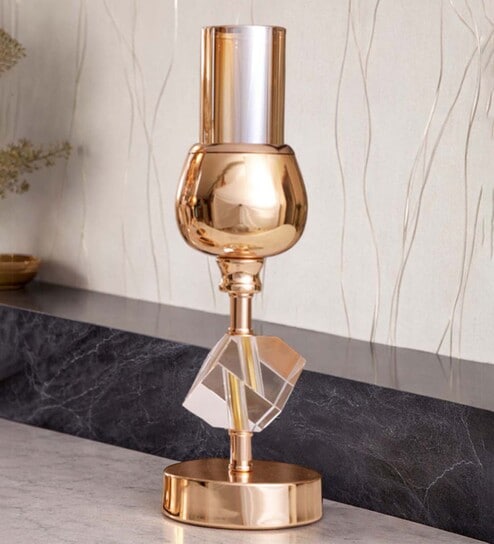 Metal Crystal Cube Golden Candle Stand