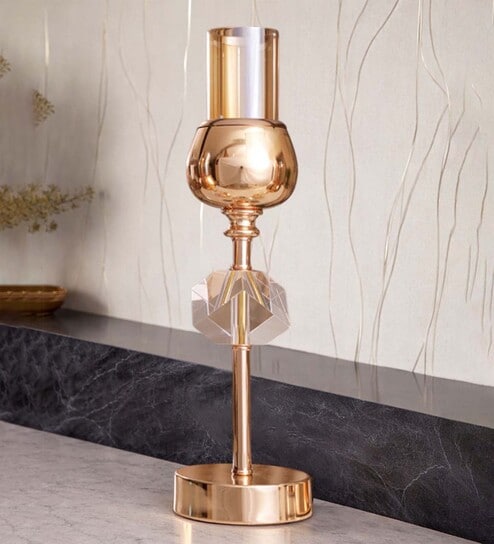 Metal Crystal Cube Golden Candle Stand