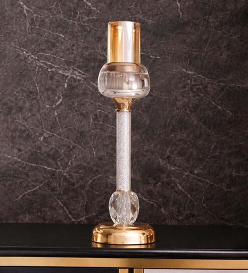 Metal Crystal Filled Golden Candle Stand