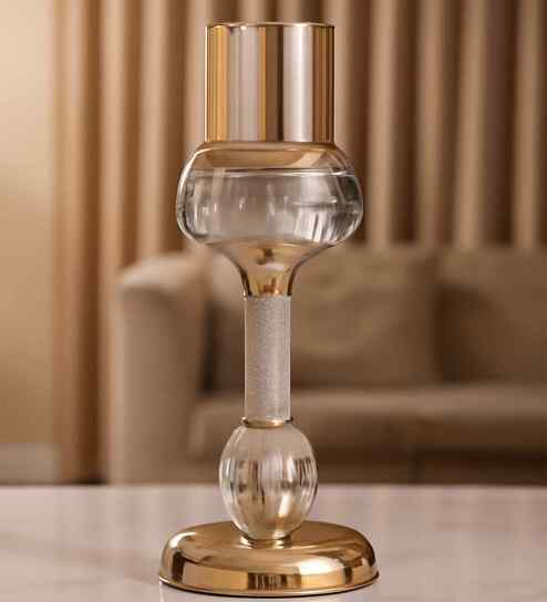 Metal Crystal Filled Golden Candle Stand