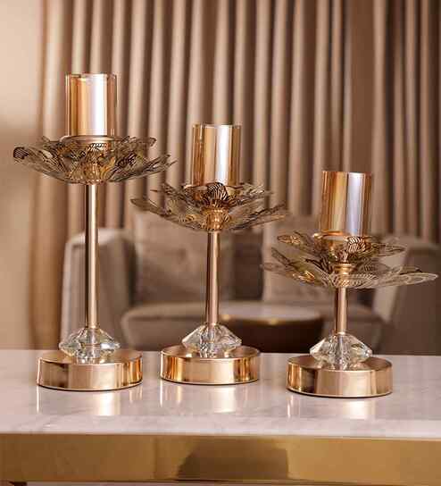 Metal Floral Glow Golden Candle Stand
