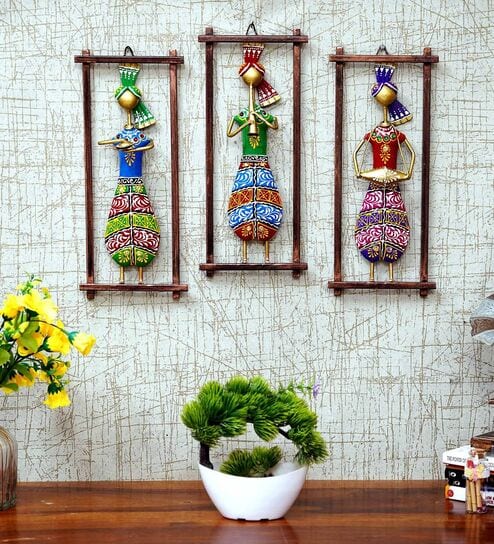 Metal Handpaindted Decorative Set of 3 Pagri Musician Wall Hanging Showpiece In Multicolour By DESERT ART