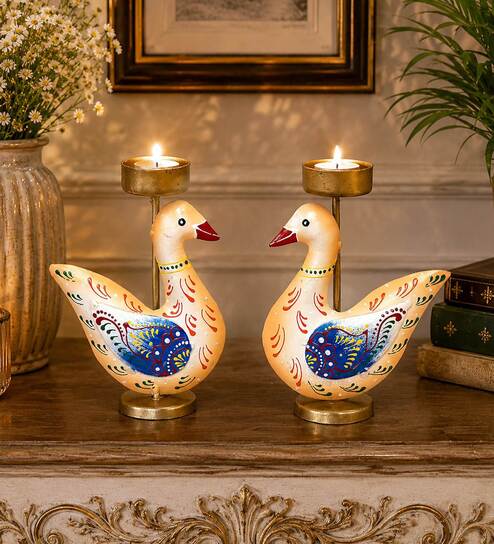 Metal Handpainted Decorative Duck Tlight Set of 2