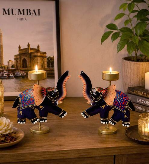 Metal Handpainted Decorative Elephant Tlight Set of 2