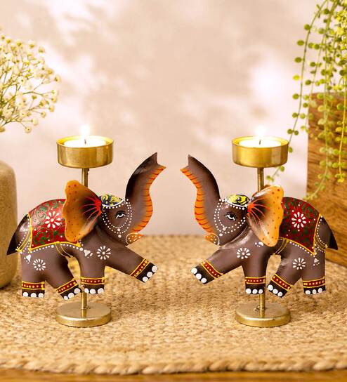 Metal Handpainted Decorative Elephant Tlight Set of 2