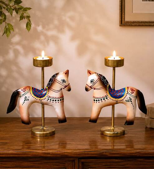 Metal Handpainted Decorative Horse Tlight Set of 2