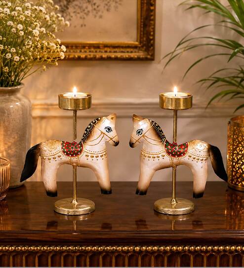 Metal Handpainted Decorative Horse Tlight Set of 2