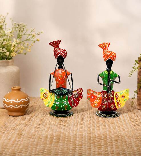Metal Handpainted Decorative Musician (Set of 2) Human Figurine Showpiece by DESERT ART