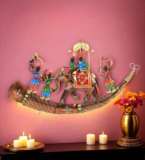 Metal Handpainted Decorative Royal Baarat Bhopu Wall Hanging Showpiece With Led IN Golden Color by DESERT ART