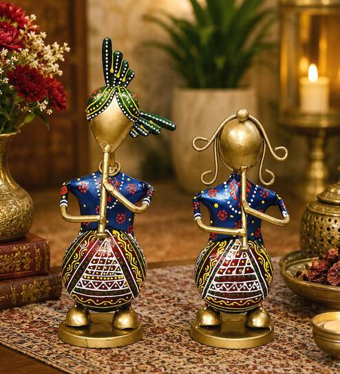 Metal Handpainted Decorative Set of 2 Couple Musician Showpiece  in Multicolor