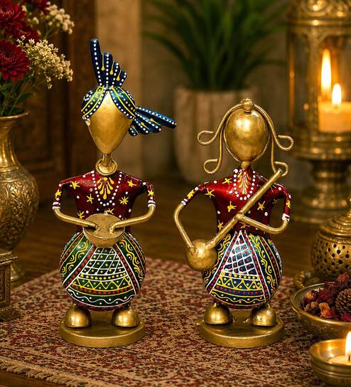 Metal Handpainted Decorative Set of 2 Couple Musician Showpiece  in Multicolor