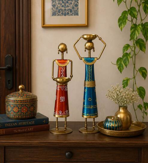 Metal Handpainted Decorative Set of 2 Lady Doll Showpiece  in Multicolor