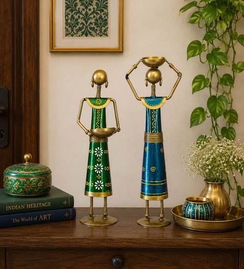 Metal Handpainted Decorative Set of 2 Lady Doll Showpiece  in Multicolor