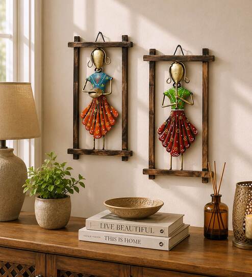 Metal Handpainted Decorative Set of 2 Lady Musician Doll Wall Hanging in Multicolor