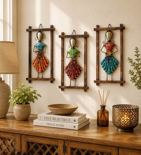 Metal Handpainted Decorative Set of 3 Lady Musician Doll Wall Hanging  in Multicolor