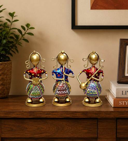 Metal Handpainted Decorative Set of 3 Lady Musician Showpiece in Multicolor