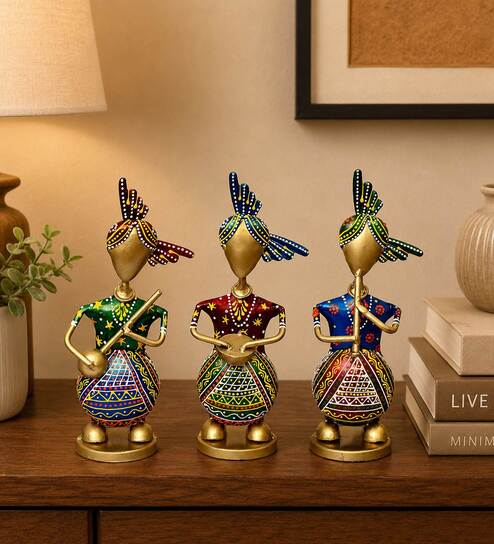 Metal Handpainted Decorative Set of 3 Sardar Musician Showpiece in Multicolor
