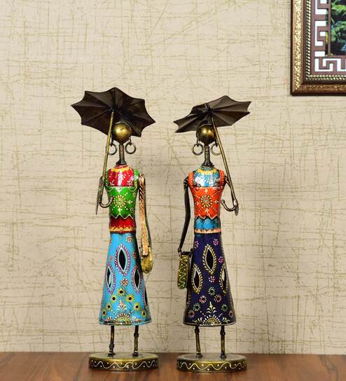 Metal Handpainted Decorative Umbrella Doll  Showpiece (Set of 2) Figurine