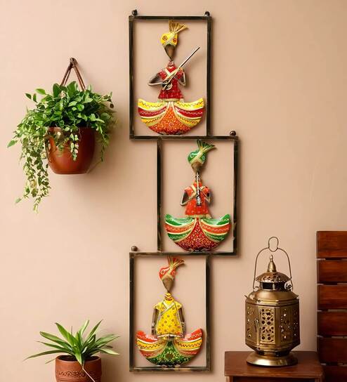 Metal Handpainted Decorative Zik Zak 3 Sardar Wall Hanging Frame In Multicolour By DESERT ART