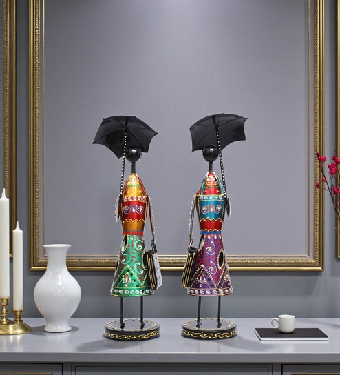 Set Of 2 Metal Lady With Umbrella Showpiece